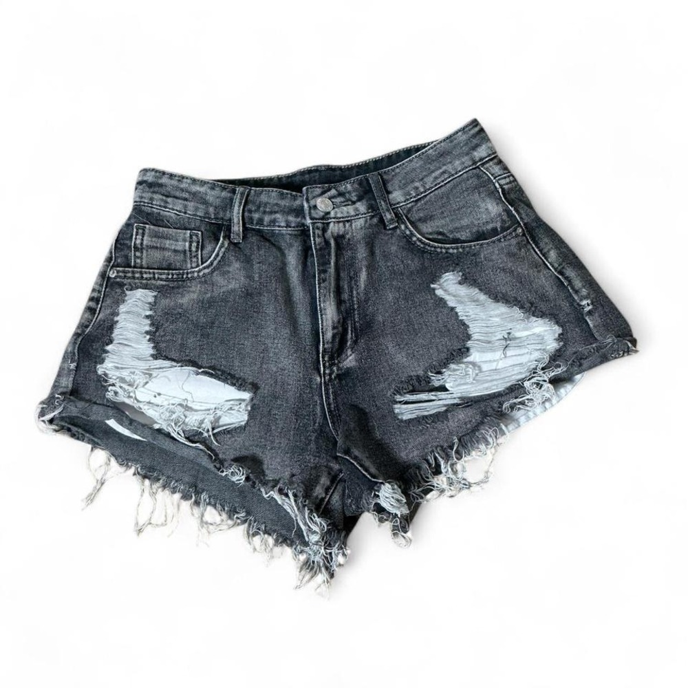 SHEIN Womensβ Distressed Black Denim Shorts High Waisted Frayed Hem 28 Grunge